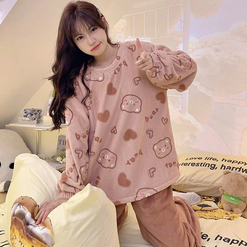 Round Neck Cartoon Pajamas Autumn Winter Fleece-Lined Warm Women's Sleepwear Set Student Sweet Flannel Loose Homewear Suit 2024