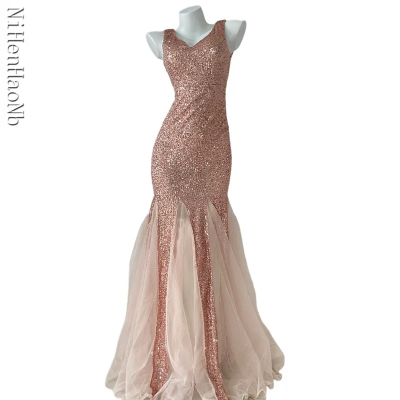 Sparkly Mermaid ชุดเจ้าสาวสําหรับผู้หญิง V คอ Patchwork Vestido De Casamento