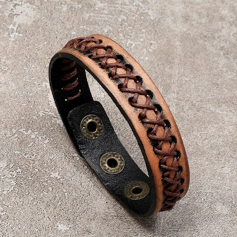 Two Color Washed Genuine Leather Wristband Hand Cross Stitched Design Adjustable Unisex Punk Casual Wear Bracelet