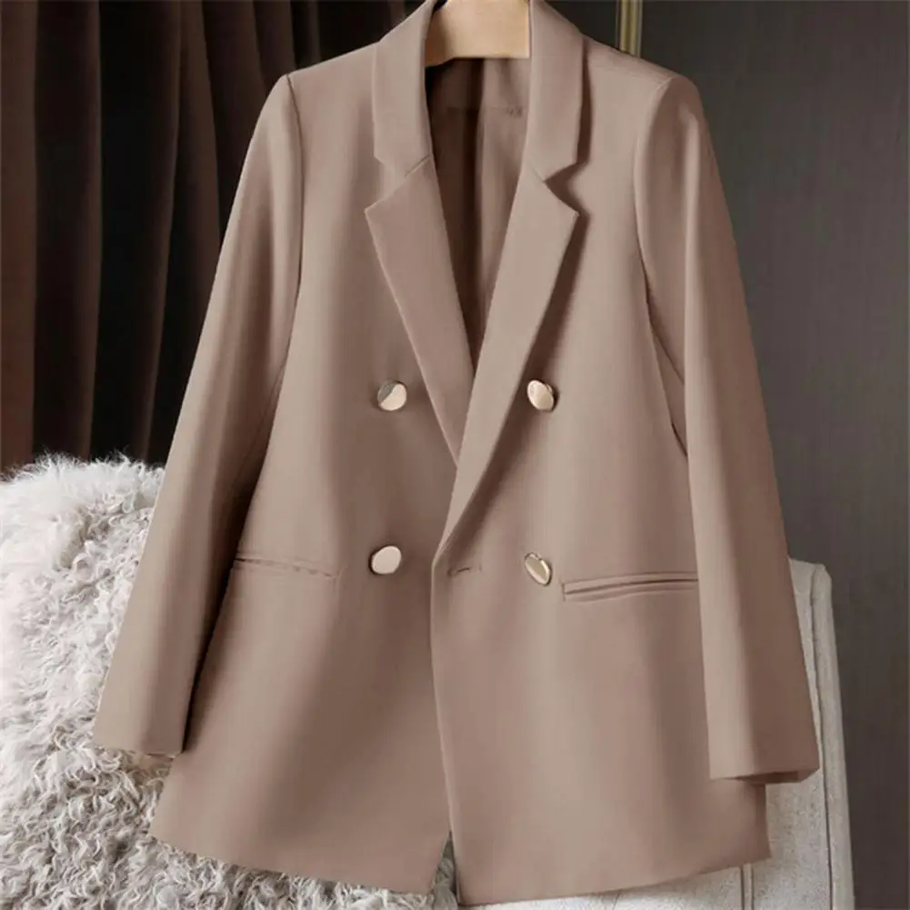 Daily Life Suit Professional Women's Double-breasted Suit Coat for Business Commute Formal Lapel Jacket with Long Sleeves Solid