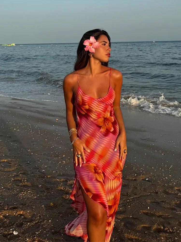 

Chic Printed Strap Sleeveless Bodycon Woman Long Dress Sexy Backless Lace Up Maxi Dresses 2024 New Lady Beach Party Vestidos