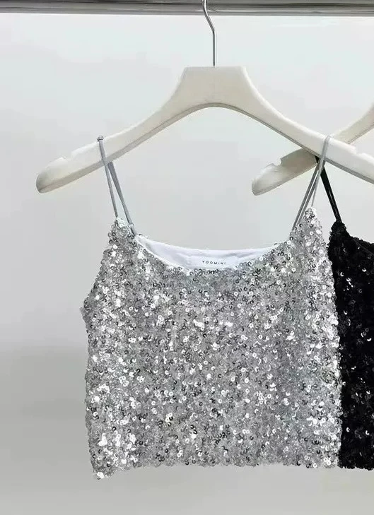 Letni błyszczący top na ramiączkach dla dziewcząt 2025, koreański uniwersalny modny top na ramiączkach, błyszcząca kamizelka na ramiączkach dla uczennic.