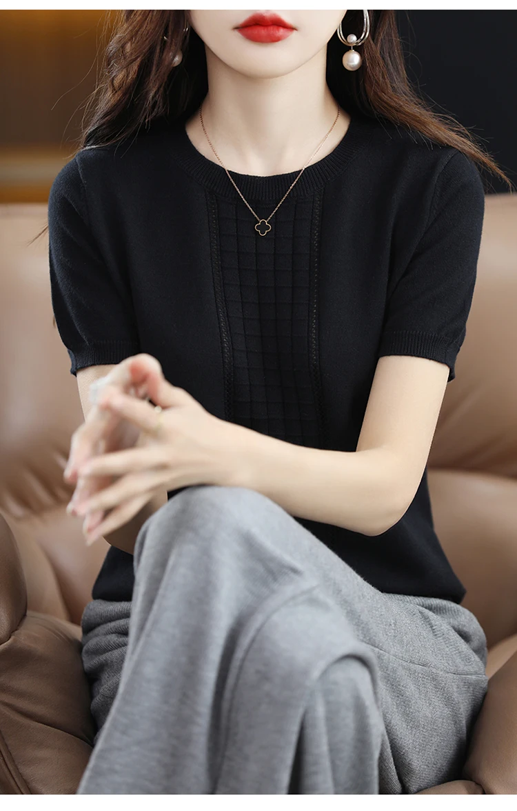 Women's T-Shirt Summer New 100% Cotton Pullover Short Sleeve Casual Solid Color Knit Crew Neck Ladies Tops Tees Blouse