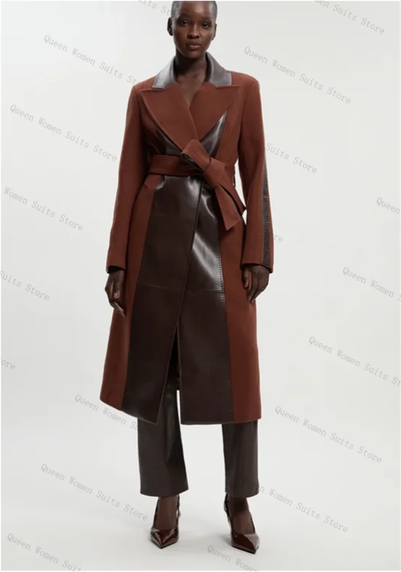 

Cashmere PU Leather Women Suit 1 Piece Long Blazer Prom Dress Winter Formal Office Lady Jacket Winter Wool Overcoat Customized