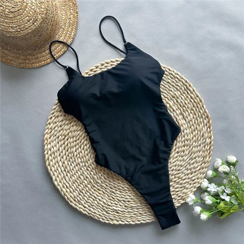 

Черные однотонные купальники со шнуровкой и открытой спиной, сексуальный цельный купальник, женский купальник 2022, летнее монокини с высоким вырезом, купальный костюм