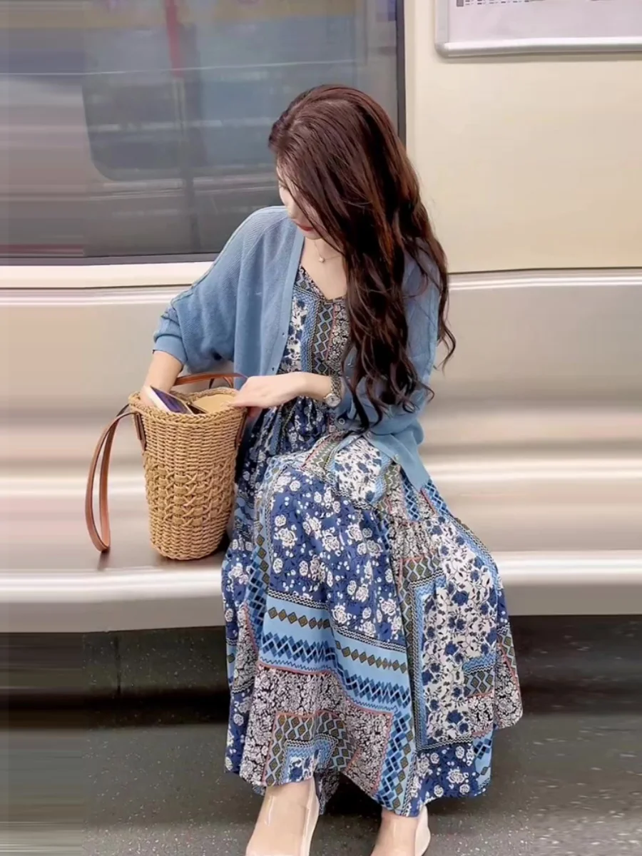 Set Rajutan Biru Ele Musim Semi, Gaun Panjang Wanita Ukuran Kecil, Gaun High End untuk Istirahat Teh, Gaun Midi A-Line, Gaun Kasual Chic