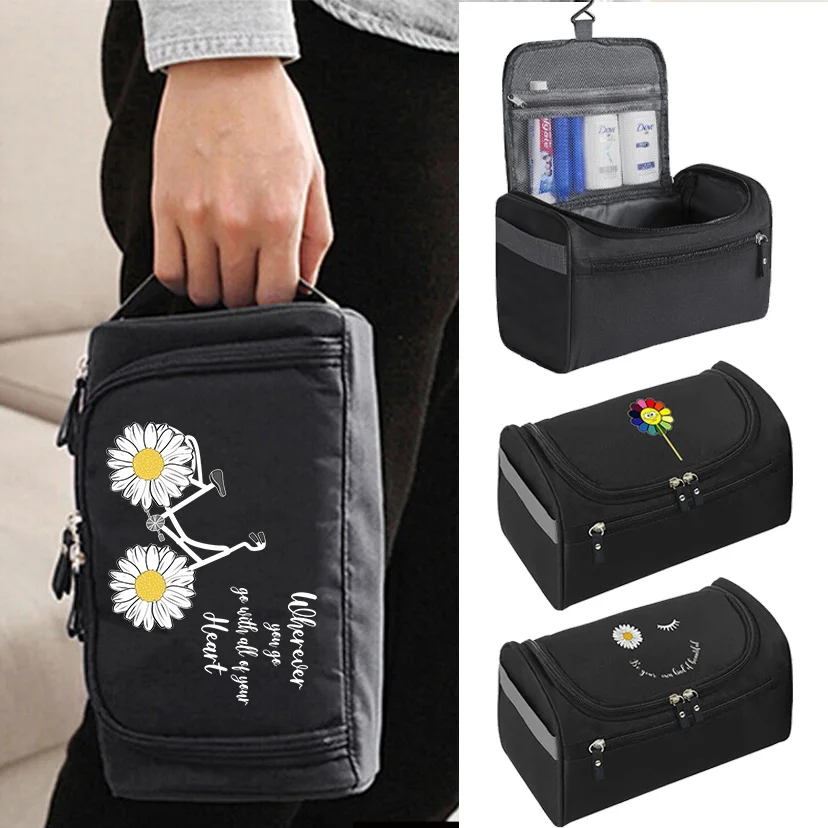 Women Cosmetic Bag Zipper Wash Bags Daisy Pattern Makeup Bag Beauty Case Make Up Organizer Kits Men Travel Storage Wash Pouch