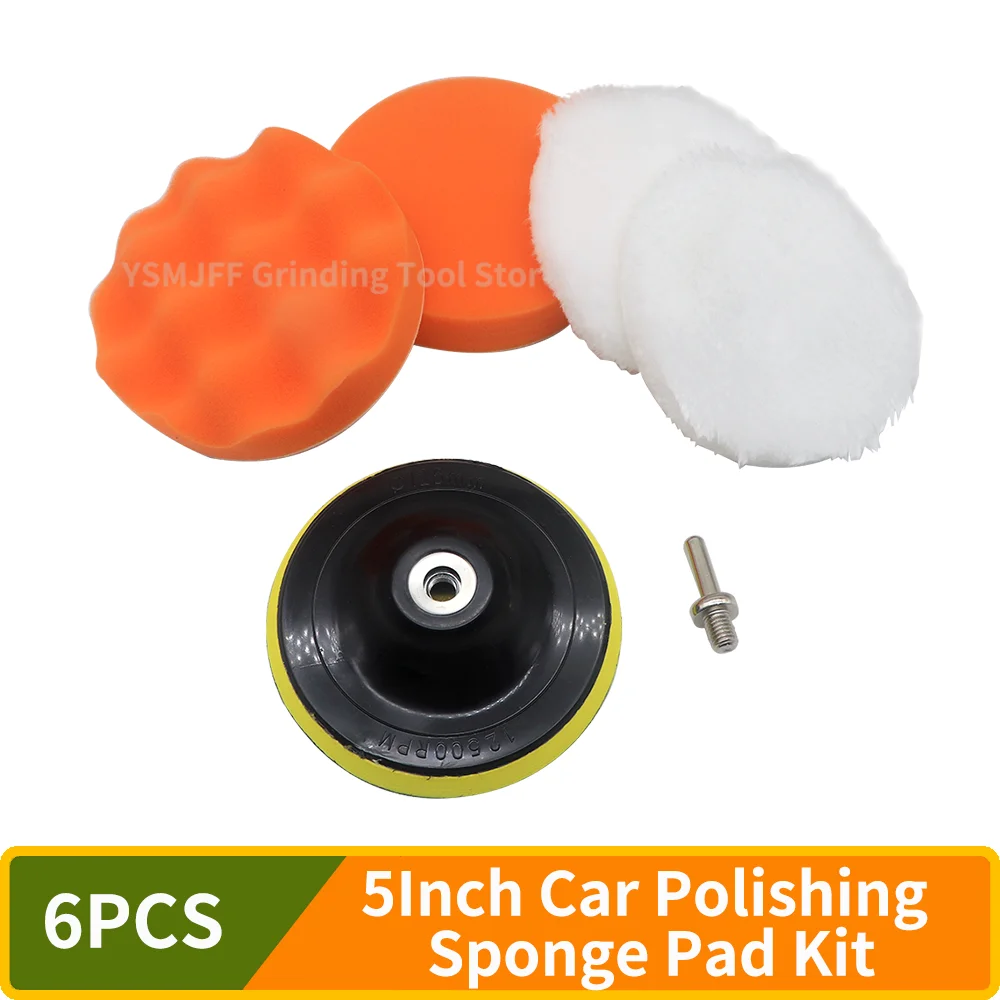 6PCS 5Inch Car Polishing Sponge Pads Kit M10 Adapter Wool Buffing Disc for Electric Drill Auto Waxing Cleaning Scratch Removal
