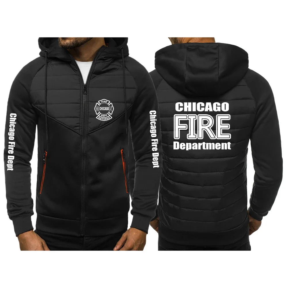 Chicago Fire Department Mens Brand Autumn Winter Patchwork New Classics Three Color Hooded Cotton Padded Clothes Keep Warm Coats