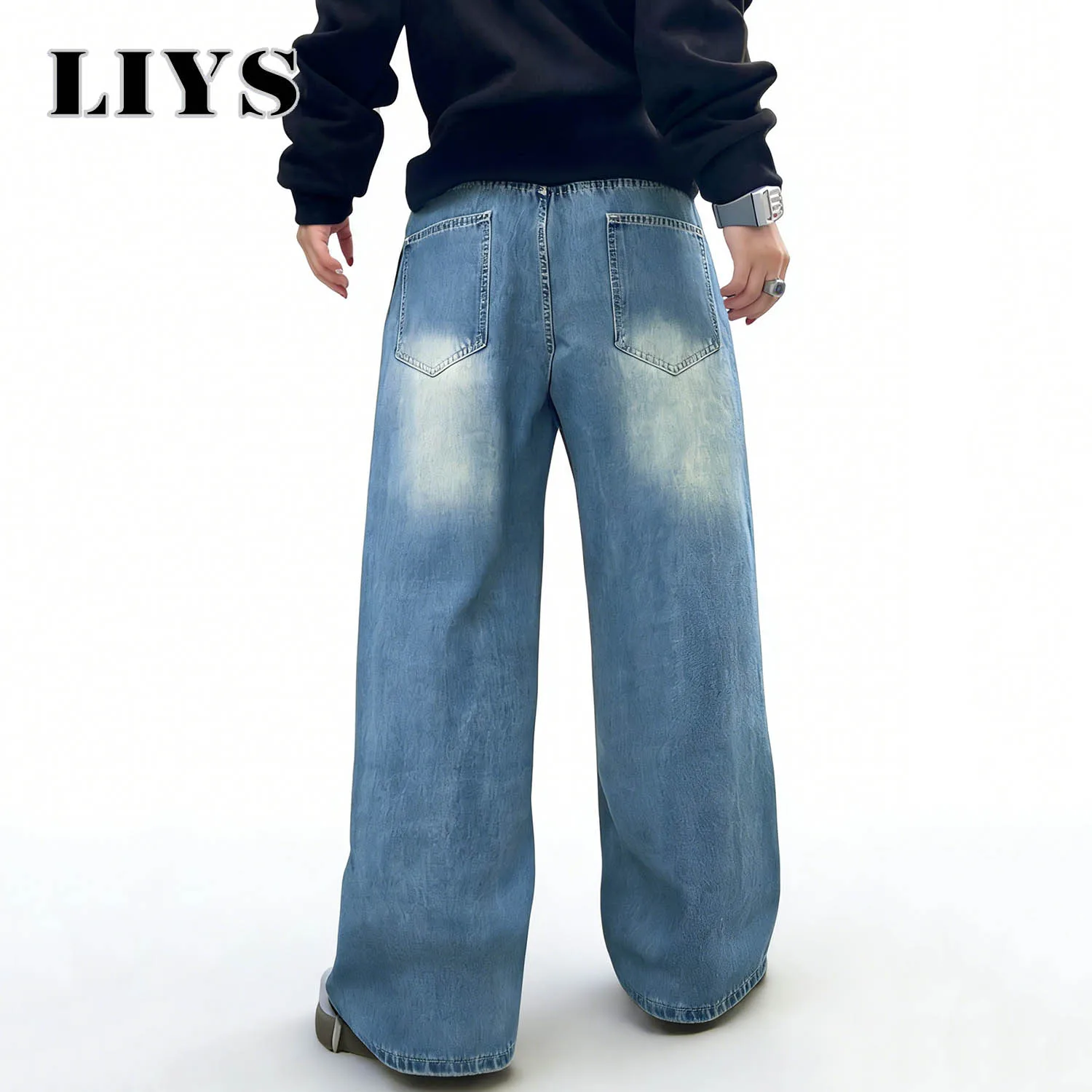 LIYS American Retro Blue Baggy Wide Leg Men's Jeans Four Seasons Street Straight Casual Ripped Denim Pants Youth Clothes Unisex