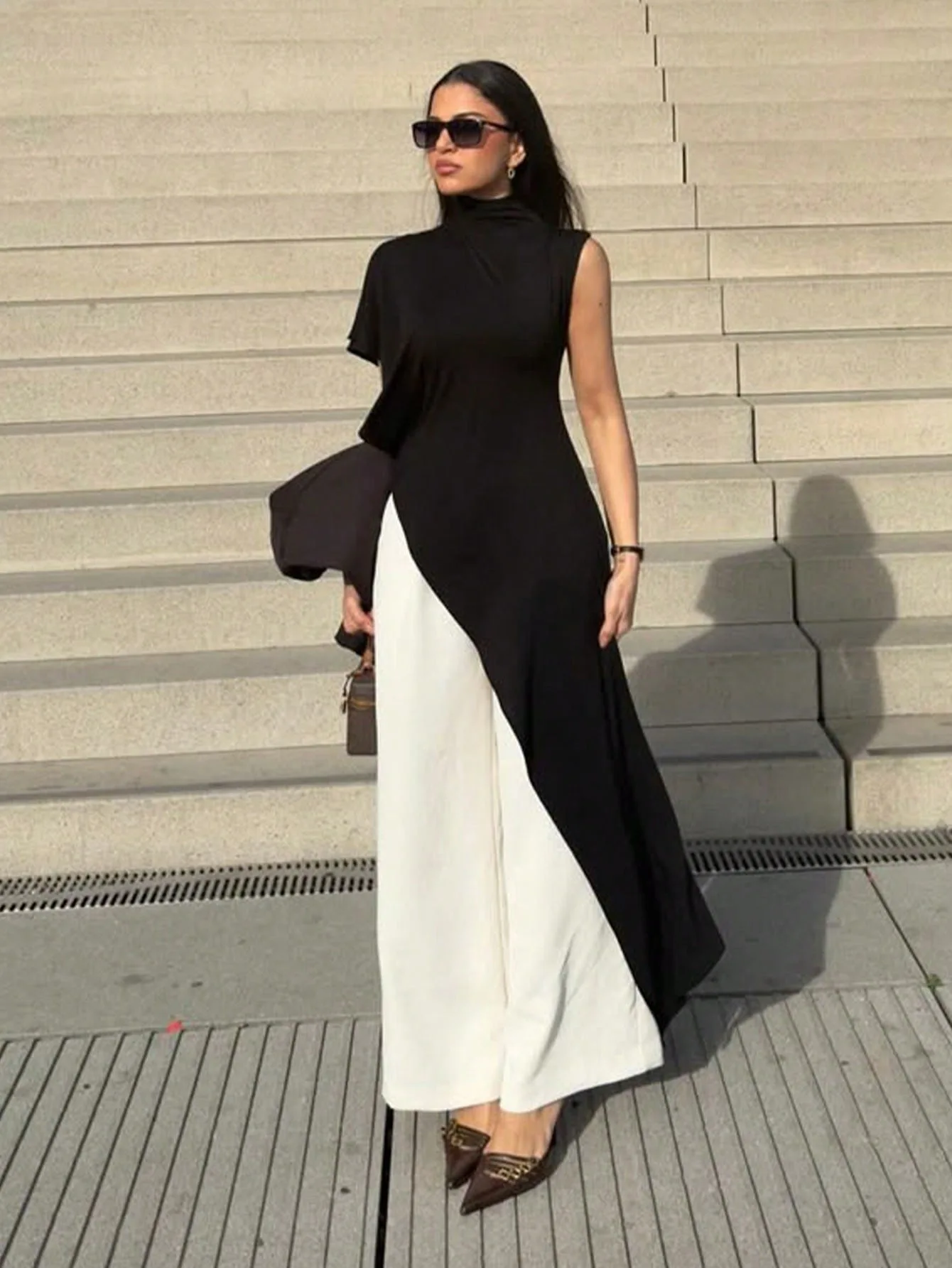 Vintage Asymmetric Draped Top Women Elegant Mock Neck Sleeveless Shirt Casual Loose High Slit Long Blouse Retro Tops Blusa