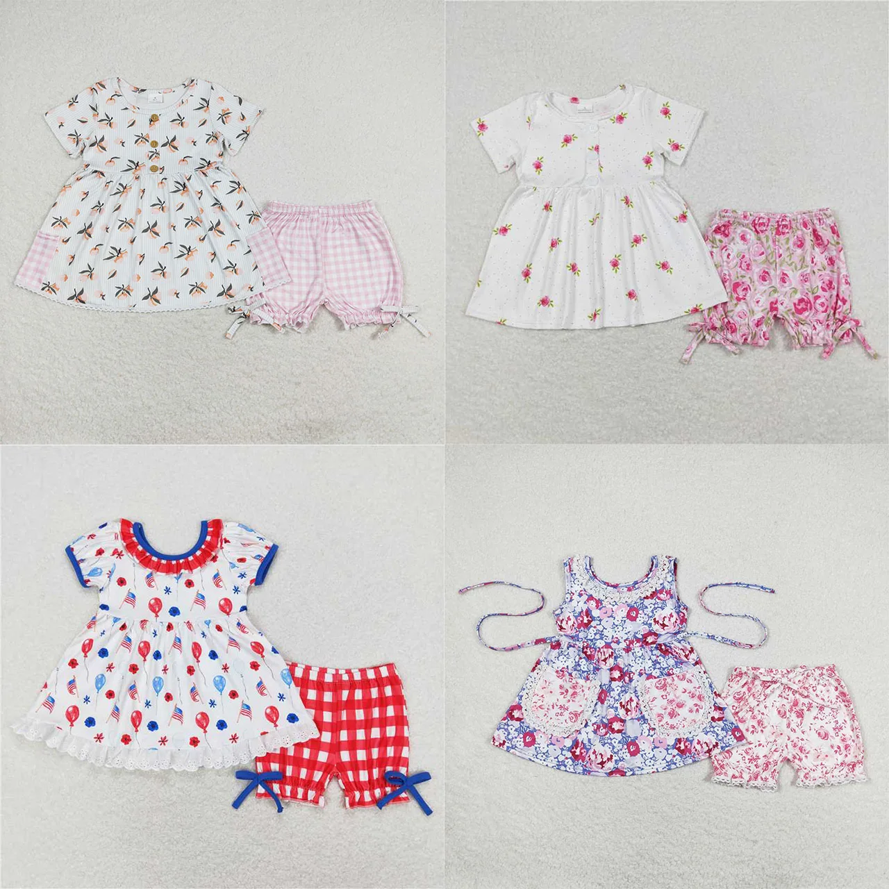 Wholesale Infant Toddler Summer Short Sleeves Floral Tunic Baby Girl Kid Floral Ruffle Shorts Children Flower New Design Outfit