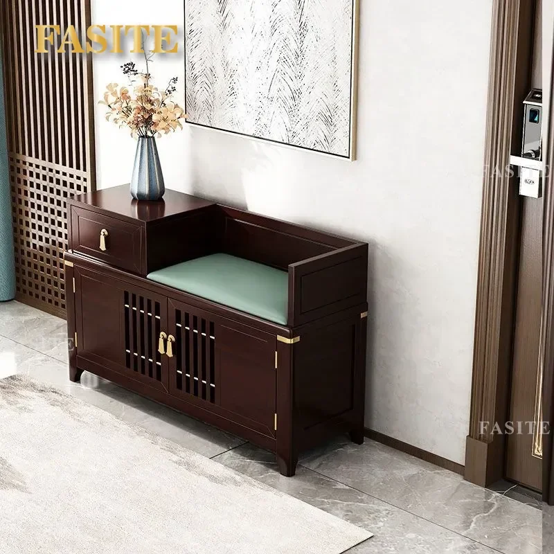 For New Chinese Style Backrest Shoe Change Stool Solid Wood One Piece Seated Shoe Cabinet Storage At The Door Entryway Bench