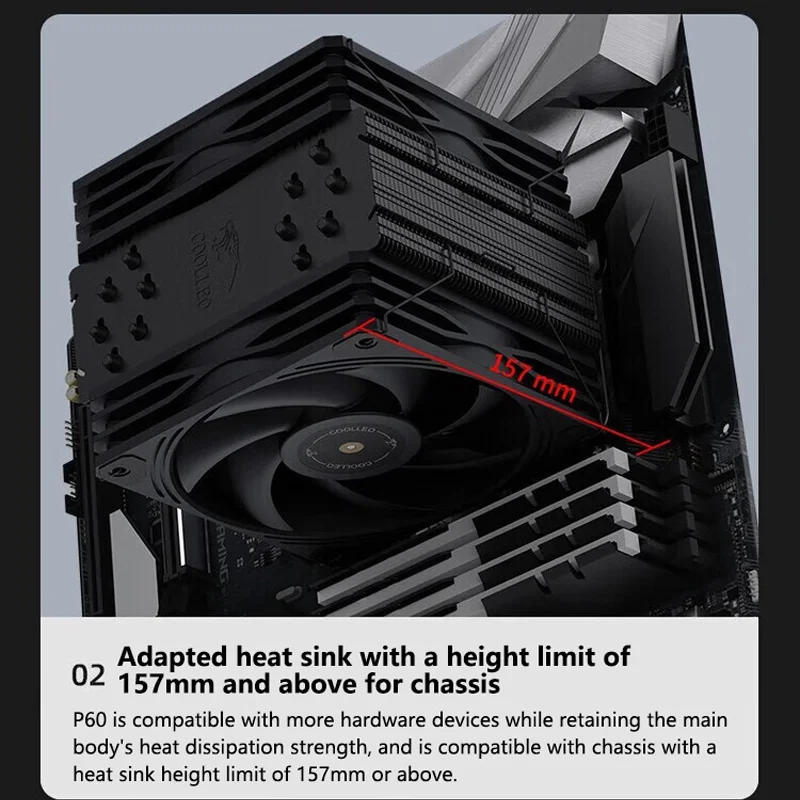 COOLLEO P60 6 Heat Pipe CPU Air Cooler 4PIN PWM Fan TDP 255W Radiator procesora do LGA1700 1200 115X 1151 1155 AMD AM4 AM5