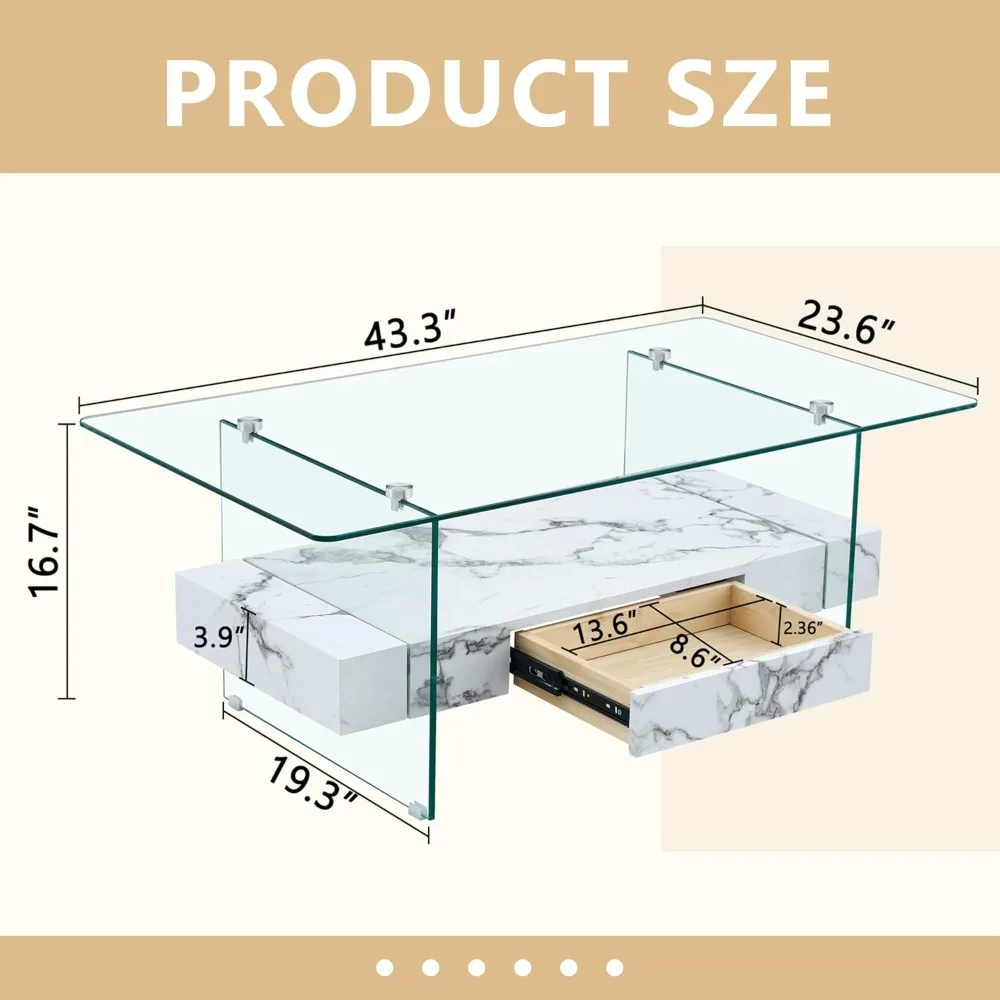 Mesa de centro de vidro para sala de estar, mesa de centro retangular branca com armazenamento, mesa central moderna de 2 camadas de 43,3 polegadas com mármore