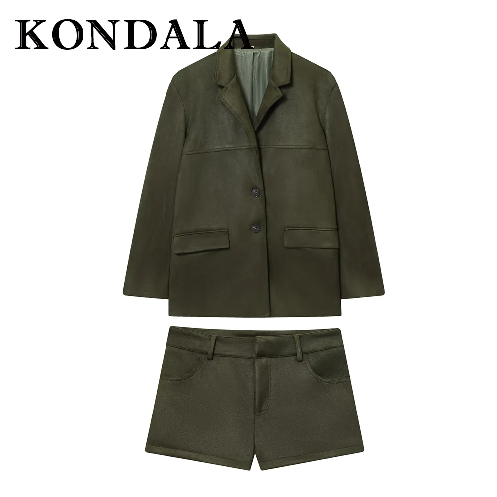 

KONDALA Fashion 2025 Office Lady Women Suede Suit Single Breasted Blazer+Zipper Pocket Mini Shorts Skirt Vintage Fall Female Set