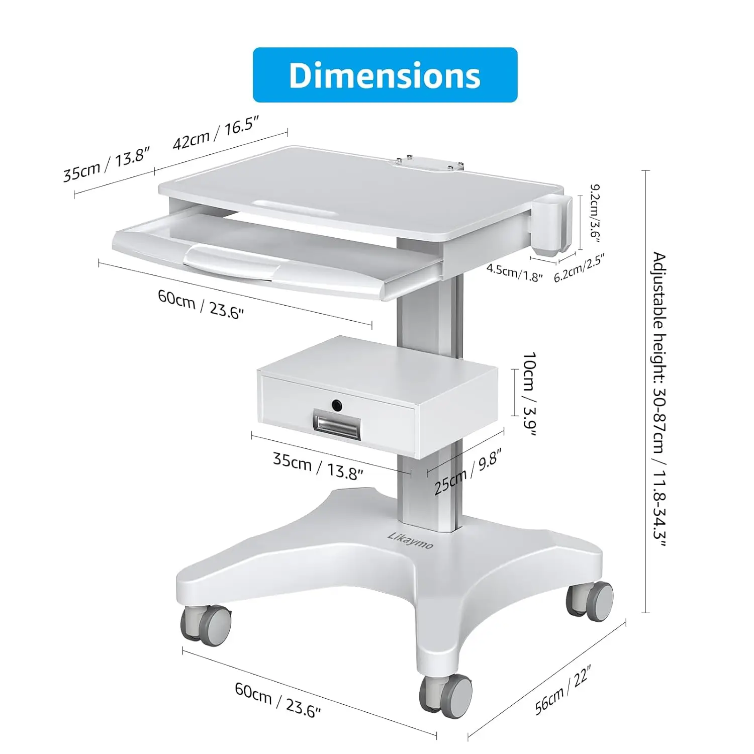 Dental Mobile Cart, Aircraft-grade Aluminum 23.6-35.4 inch Adjustable Medical Trolley, Intraoral Scanner Laptop Workstation