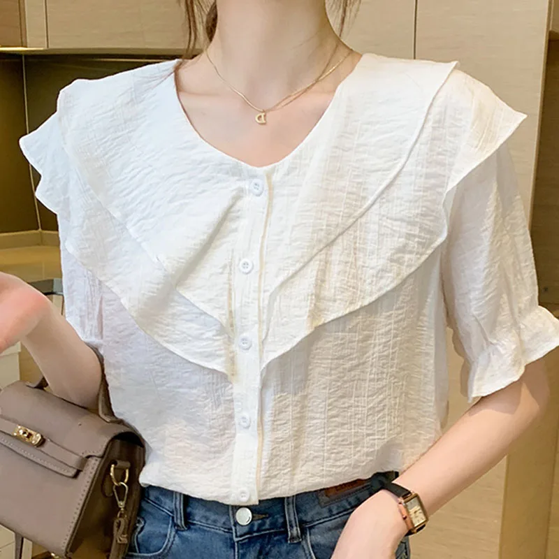 

Blouse and Tops Women Summer New Chiffon Shirt Women's Sweet Ruffle Korean Loose Elegant Blusas Female Button Dropshipping 1632