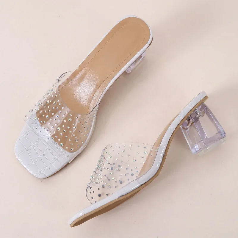 Women's High Heel Slippers 2023 Summer New Crystal Heel Hot Diamond Outwear Fashion Straight Line