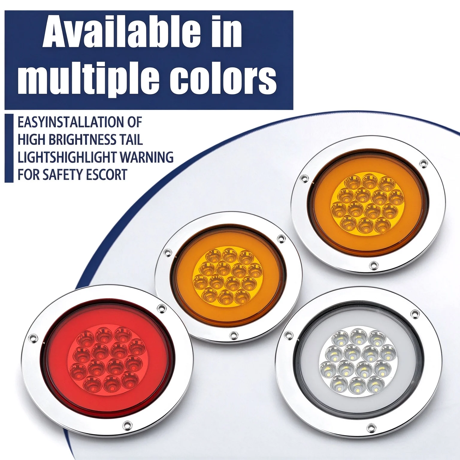 2-piece 4-inch round LED halo turn signal tail lights, available in multiple colors, with stainless steel trim, 12V-24V