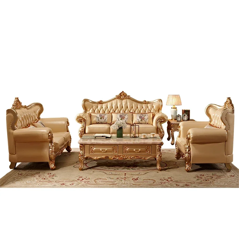 European leather sofa 123 combination living room solid wood carving flower luxury villa first layer cowhide noble gold sofa