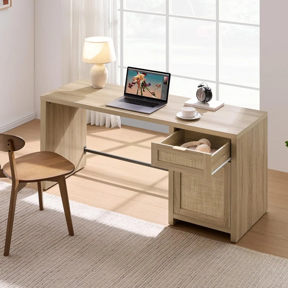 Rattan Home Office Desk with Drawer, 59" Farmhouse Boho Executive Desk with Storage Cabinet, Large Computer Writing, Customized