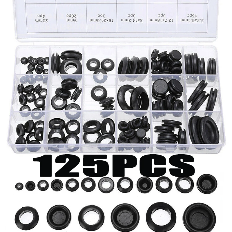 

125pcs Boxed Fireproof Rubber Gasket Combination Black Plastic Rubber Flat Washer Plane Spacer Insulation Gasket Ring For Screw