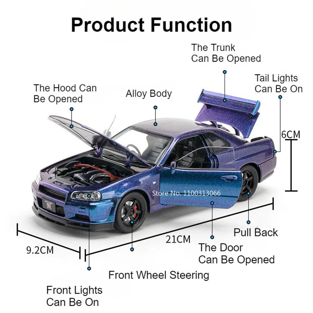 1:24 carros de brinquedo de liga nissan GTR-R34 modelo fundido puxar para trás veículo luz música 4 portas abertas carro em miniatura meninos decoração presente