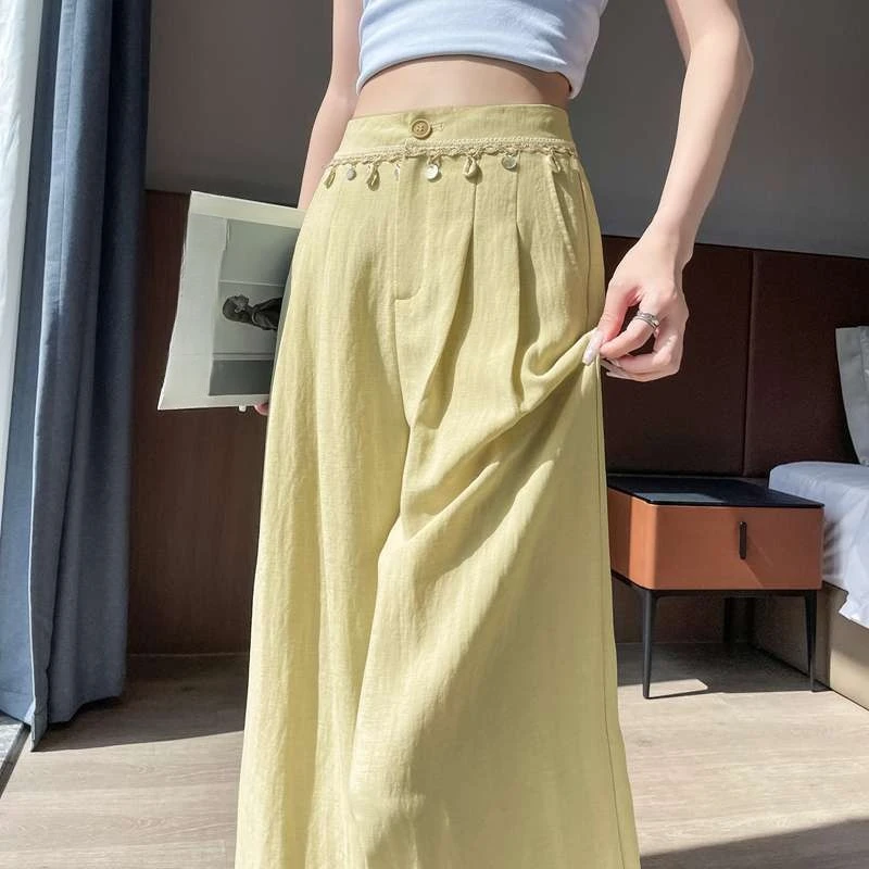 

2025 летние новые женские брюки с высокой талией и вышивкой, широкие брюки с кисточками, черные, бежевые льняные хлопковые брюки, повседневные женские брюки