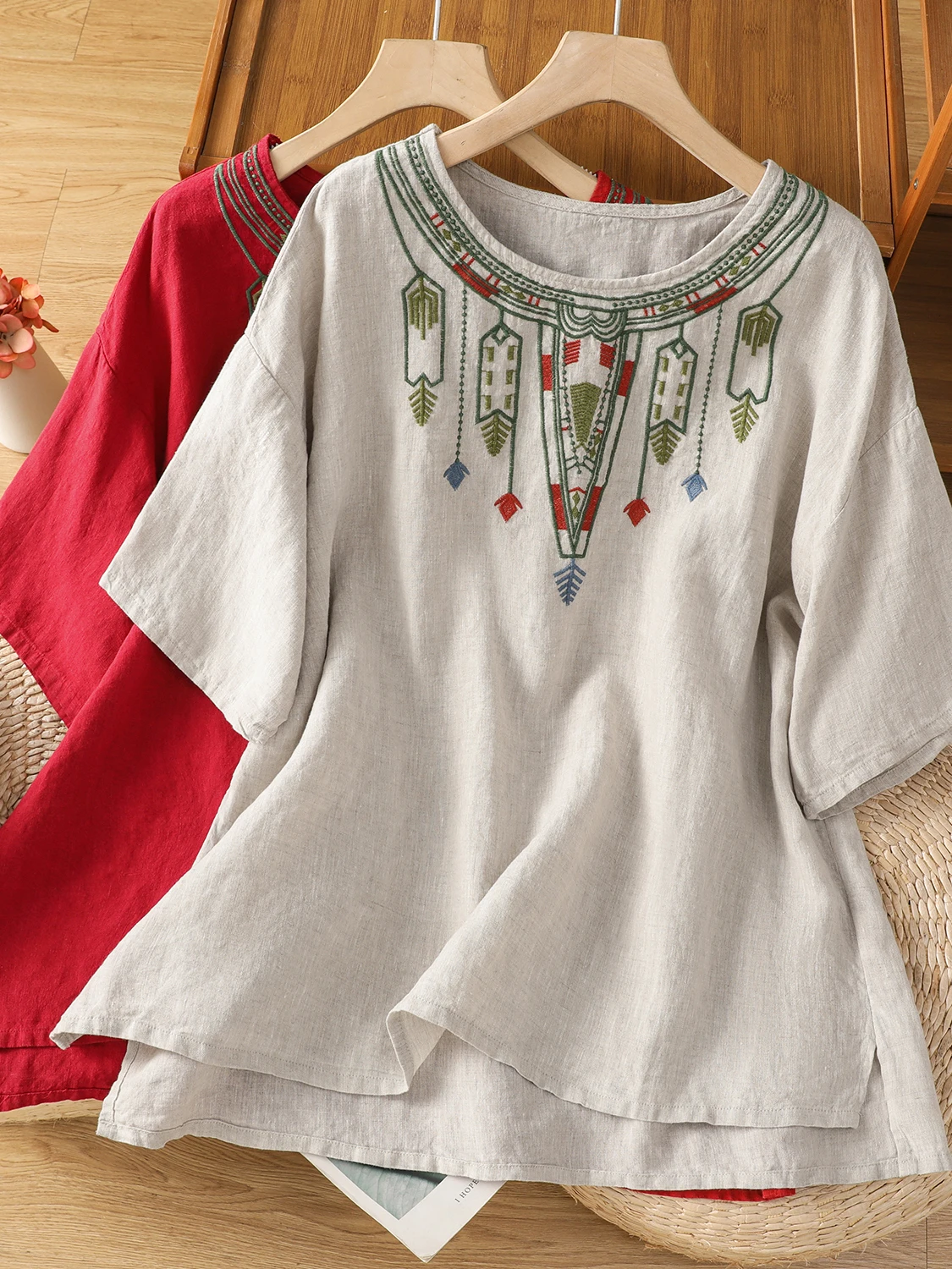 

Свободная футболка из хлопка и льна с вышивкой, круглая футболка Ne, повседневный универсальный летний топ для женщин больших размеров