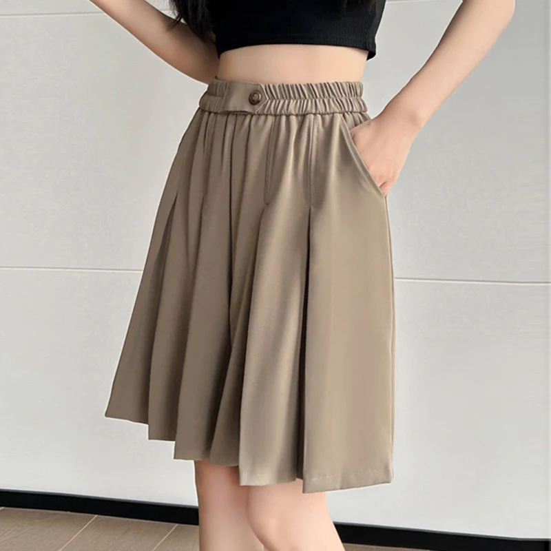 2023 Summer Pleated Skirt Shorts For Women Loose Stretch High Waist Wide Leg Short Pants Femme Folds Streetwear Bermudas Mujer