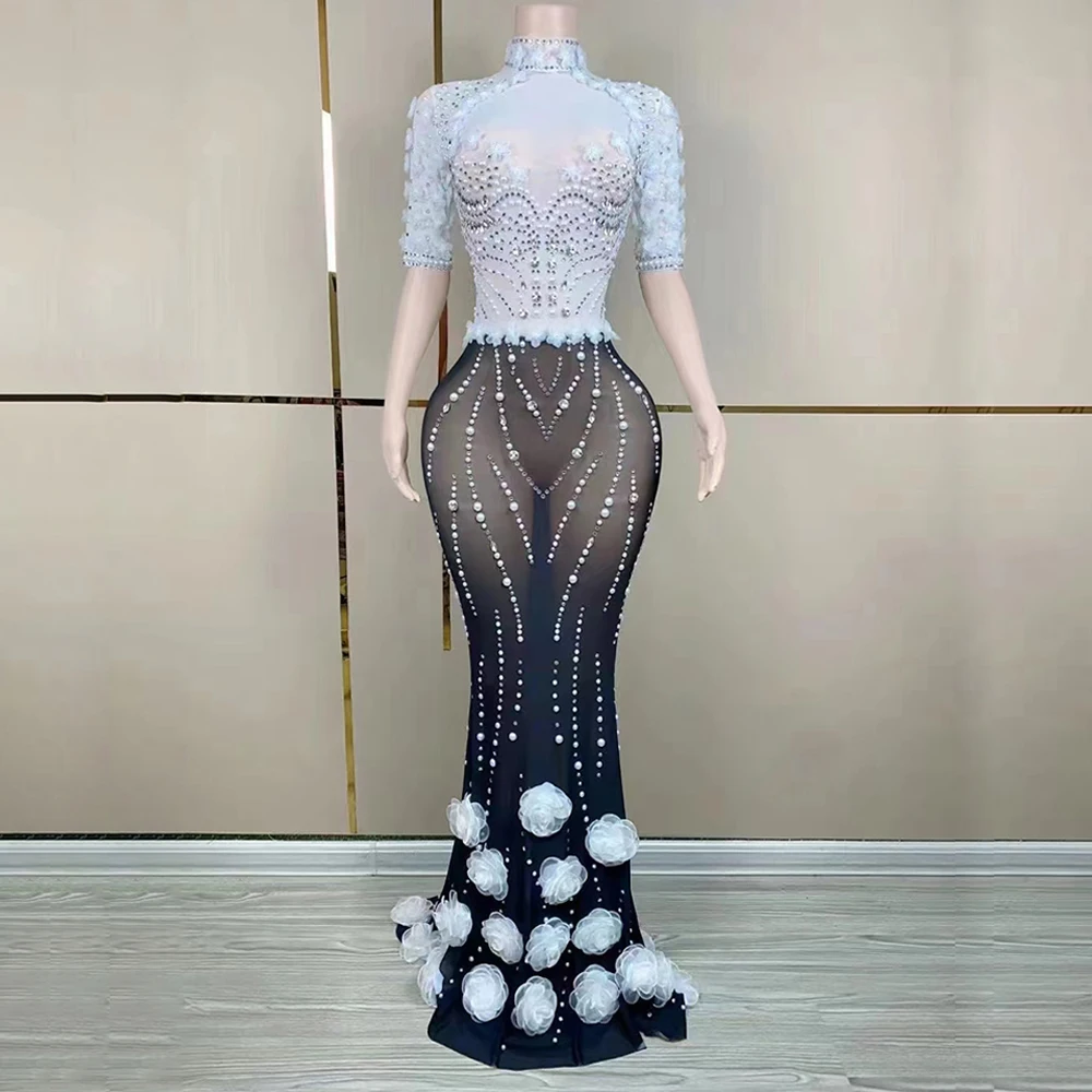 Robe de Soirée en Maille et Dentelle Transparente à Manches sulf, Tenue Moulante Personnalisée, à Haute artificiel asticité, avec Paillettes, Sexy, pour Spectacle sur Scène, Nouvelle Collection