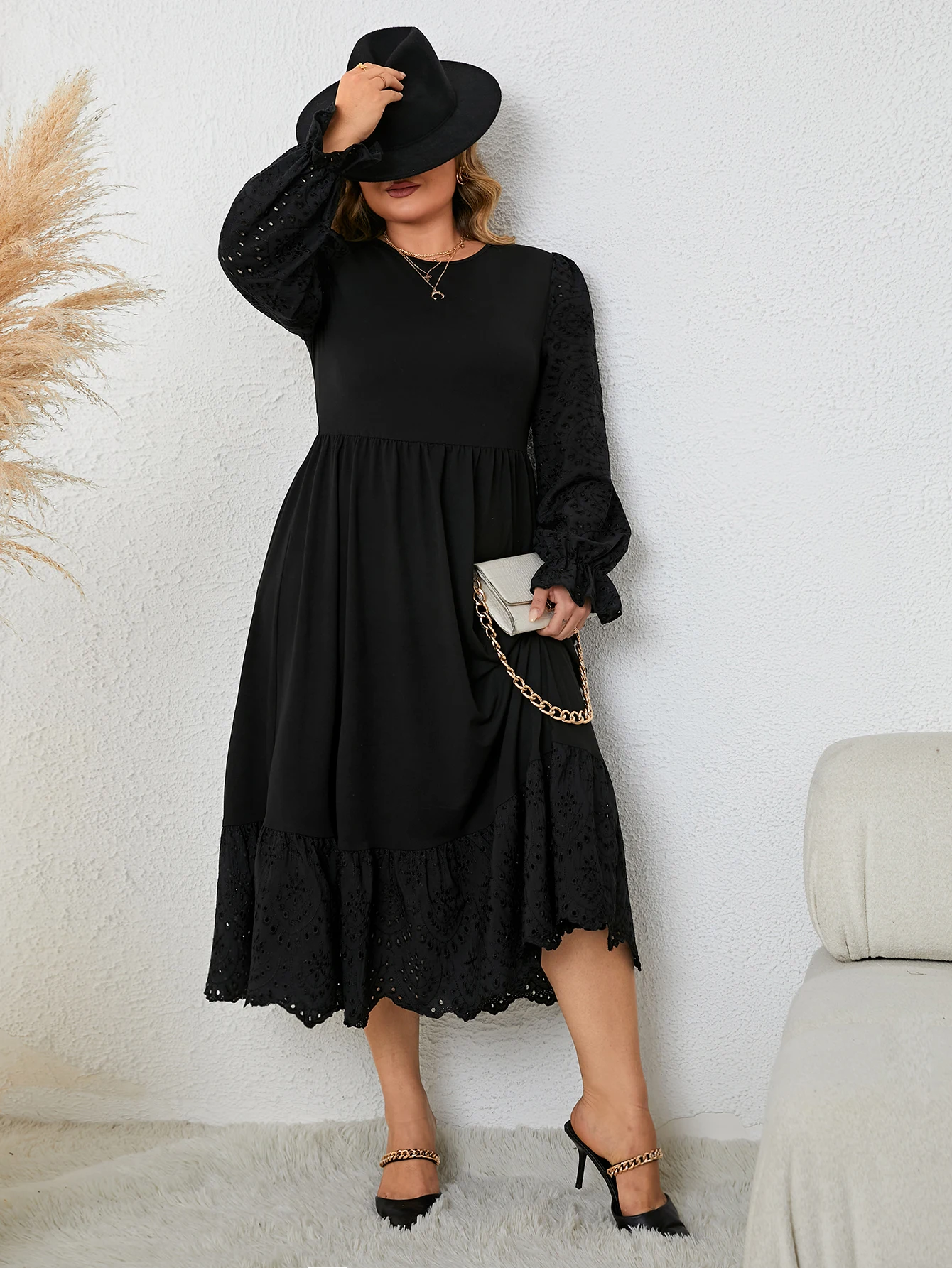 Black Elegant Women's Dresses Casual Hollow Puff Long Sleeve Plus Size Maxi Dress Lady Party Evening Clothing Large Size Dress