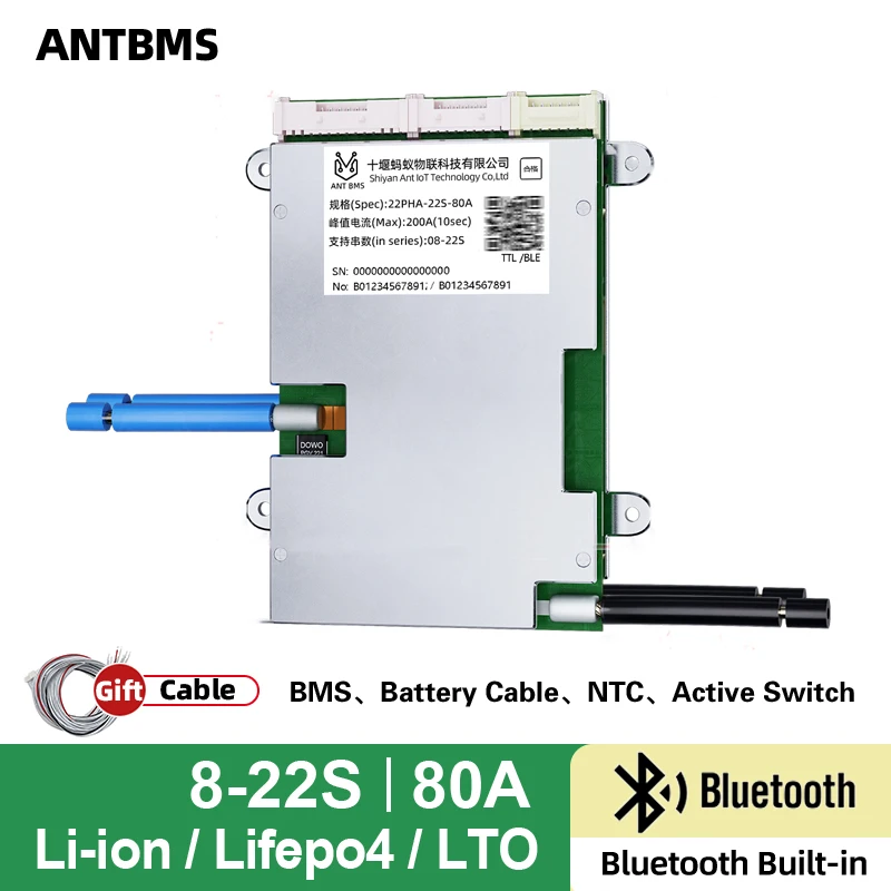 

ANT SMART BMS 8-22S 80A 36V 60V 72V Литий-ионный аккумулятор LifePo4 BMS Встроенное BT APP UART интеллектуальный баланс для установки солнечной энергии