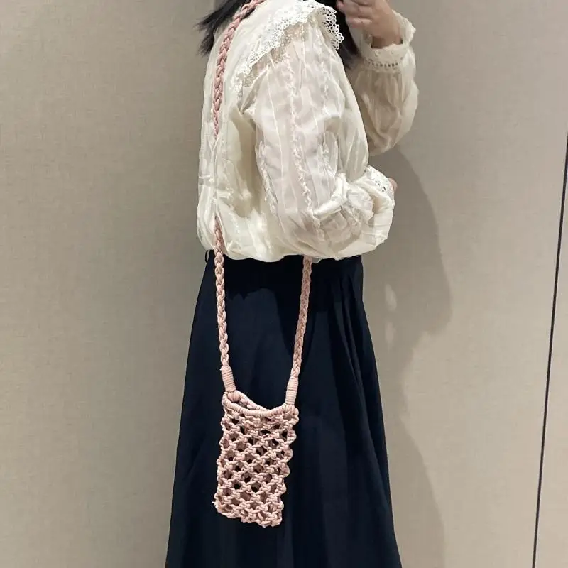 Small Hollow Out Crochet Crossbody Phone Bag Breathable Woven Braided Shoulder Bag for Girls Outdoor Hiking Walking