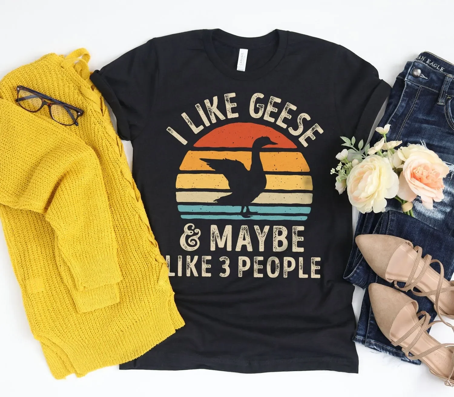 I Like Geese and Maybe 3 People SunseT T Shirt Goose s Retro Vintage Bird Lover
