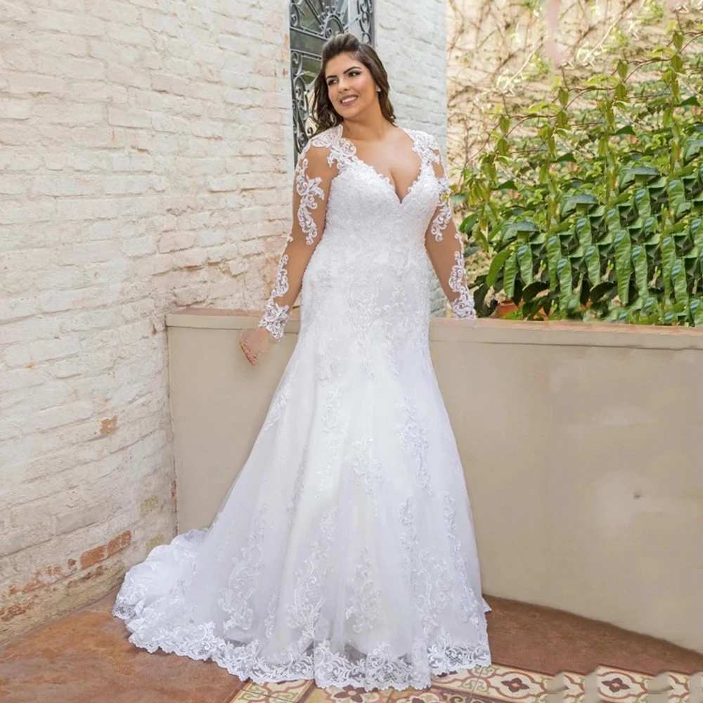 Vestido De novia De manga larga con cuello De pico, Vestido De novia De encaje De talla grande, apliques, Vestidos De Novia personalizados