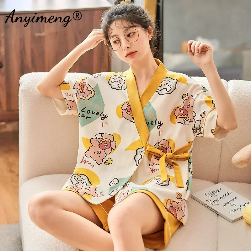 Nueva moda de verano, pijamas de algodón suave para mujer, ropa de dormir con estampado de animales Kawaii, pantalones cortos, Kimono, ropa de