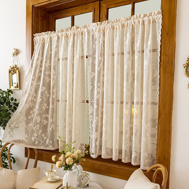 Pastoral Ginkgo Biloba Jacquard Short Curtain Semi-Transparent Lace Thin Screen Window 2Pcs Soft Kitchen Partition Door Curtains