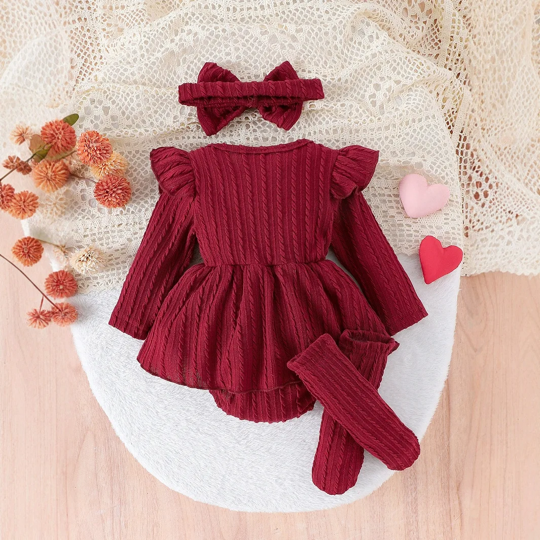 Somenie Autumn Winter Baby Solid Color Jersey Romper Dress, Tiny Twist Bow Outfit with Socks Set