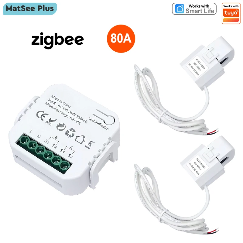 Smart Life ZigBee Energy Meter Bidirectional 1, 2 Channel with Clamp CT App Monitor Solar Power, 80A AC100-240V Need Hub