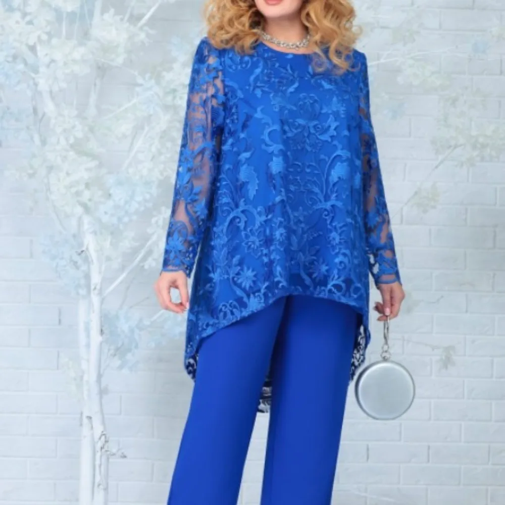 Conjunto de 2 Piezas de Encaje para Mujer Talla Grande, Blusa de Manga Larga y Pantalones de Pierna Recta, Traje Formal Elegante para Cóctel, Fiesta, Eventos Nocturnos