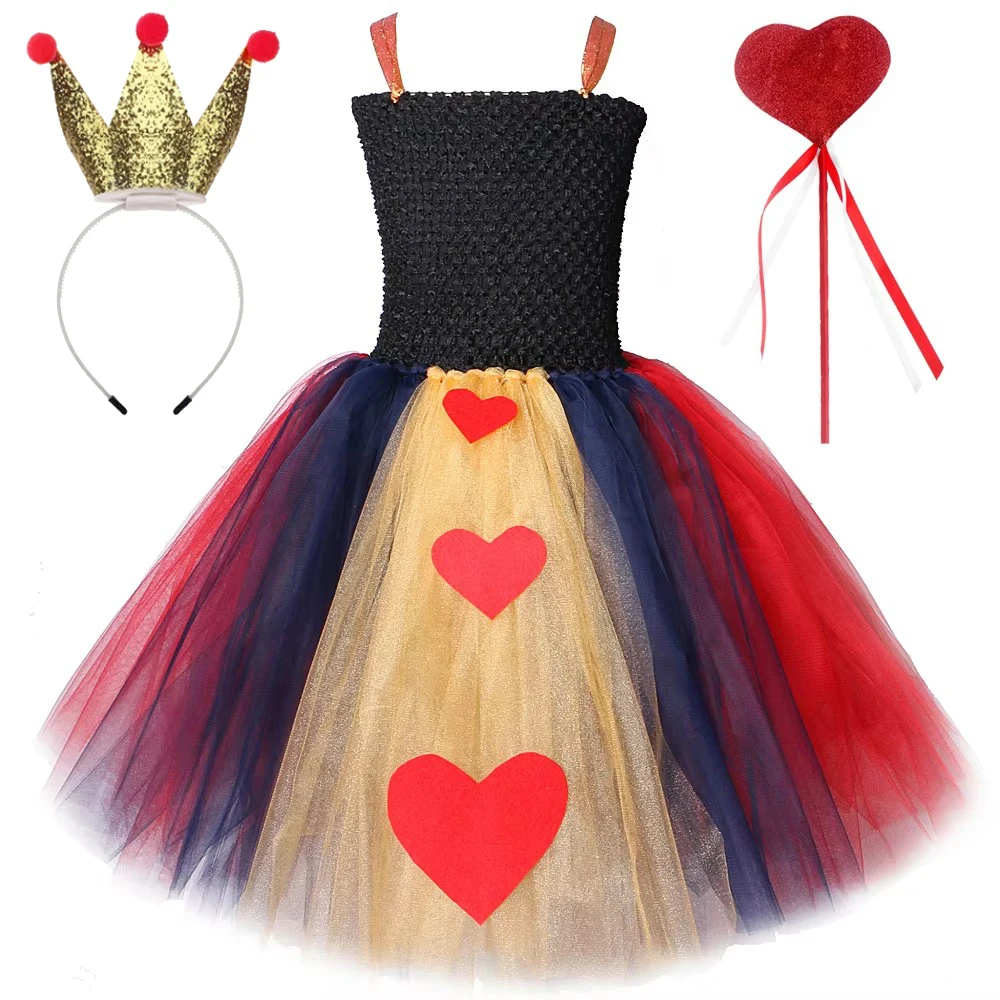 Red Queen of Hearts Long Lined Dresses for Girls Halloween Christmas Full Length Costumes for Kids Tutu Outfits with Crown Stick