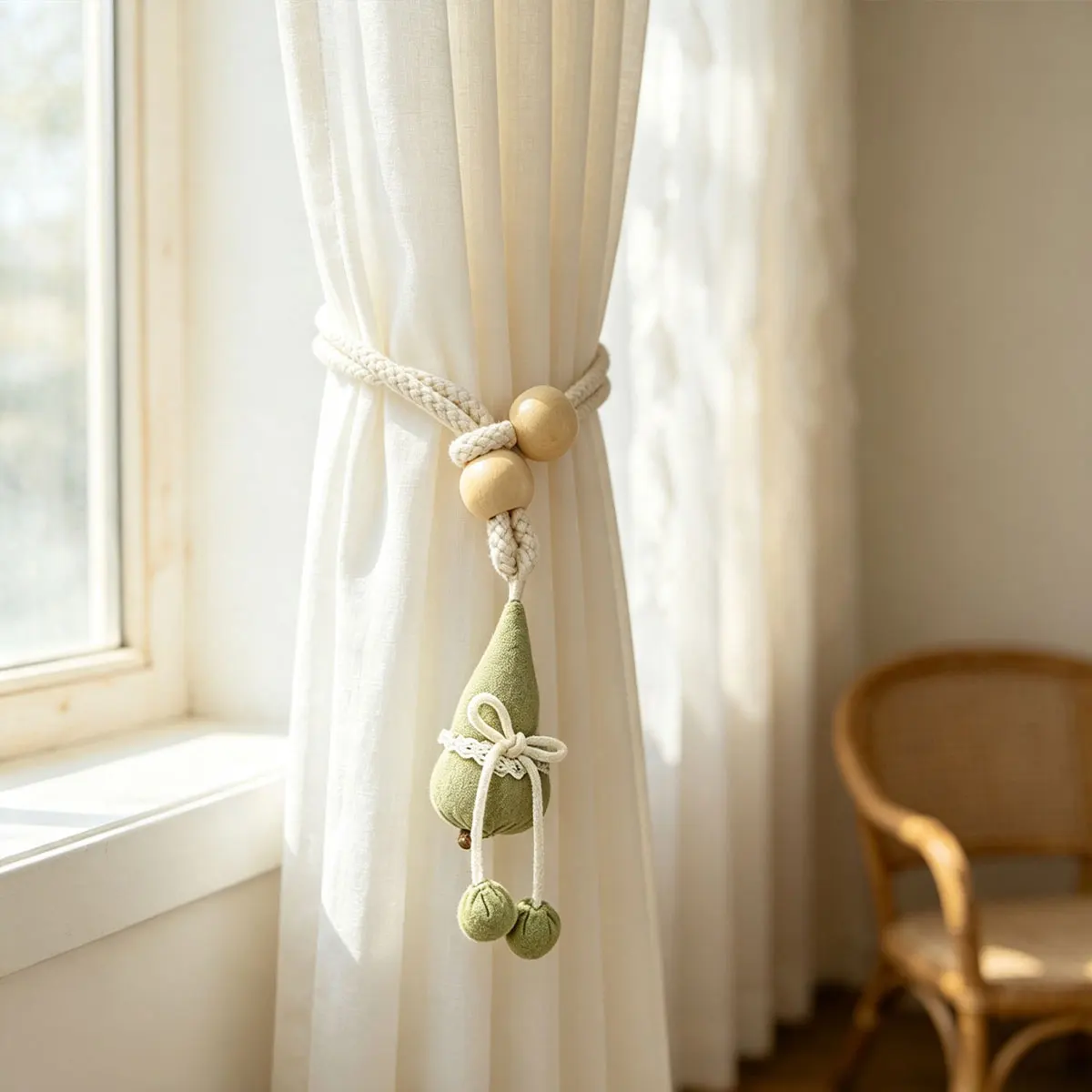 2Pcs Curtain Tiebacks Gourd Decor Curtain Holdbacks with Bowknot & Small Ball Ornaments Window Drape Holder for Living Bedroom
