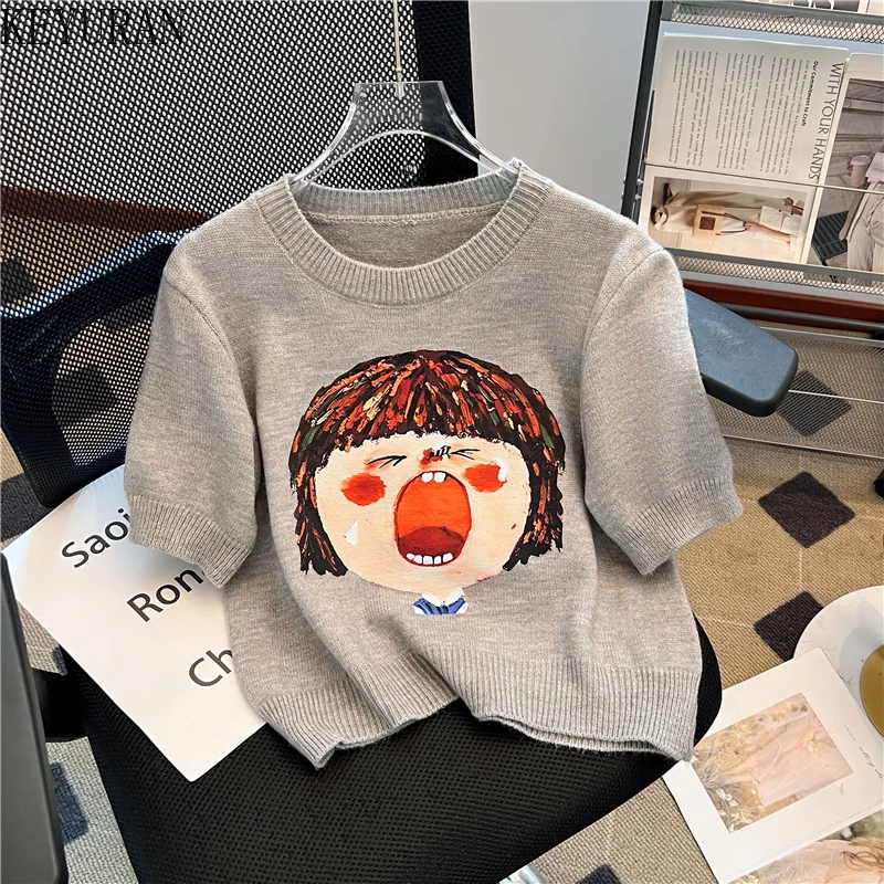 Grey Cartoon Print Short Sleeve Knit T Shirts Women Tops Summer O Neck Loose Outwear Pullover Sweater Knitwear Tees Y2k Clothes