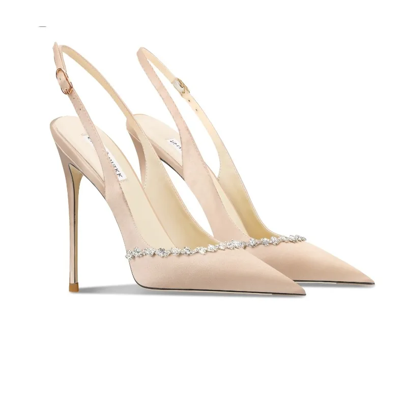 

Champagne Satin Strappy Sandals Women 2025 Summer Thin Heel Rhinestone Elegant High Heels Shoes
