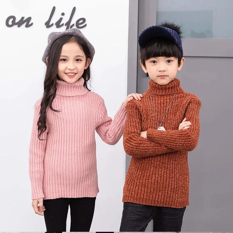 

Boys Girls Pure Color Turtleneck Sweater Children Thickened Chenille Knitted Sweater Baby Autumn Winter Warm Bottoming Clothes