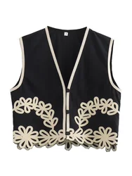 Zevity Women Euro Style V Neck Flower Appliques Embroidery Short Vest Jacket Ladies Sleeveless Button Slim WaistCoat Tops CT6207