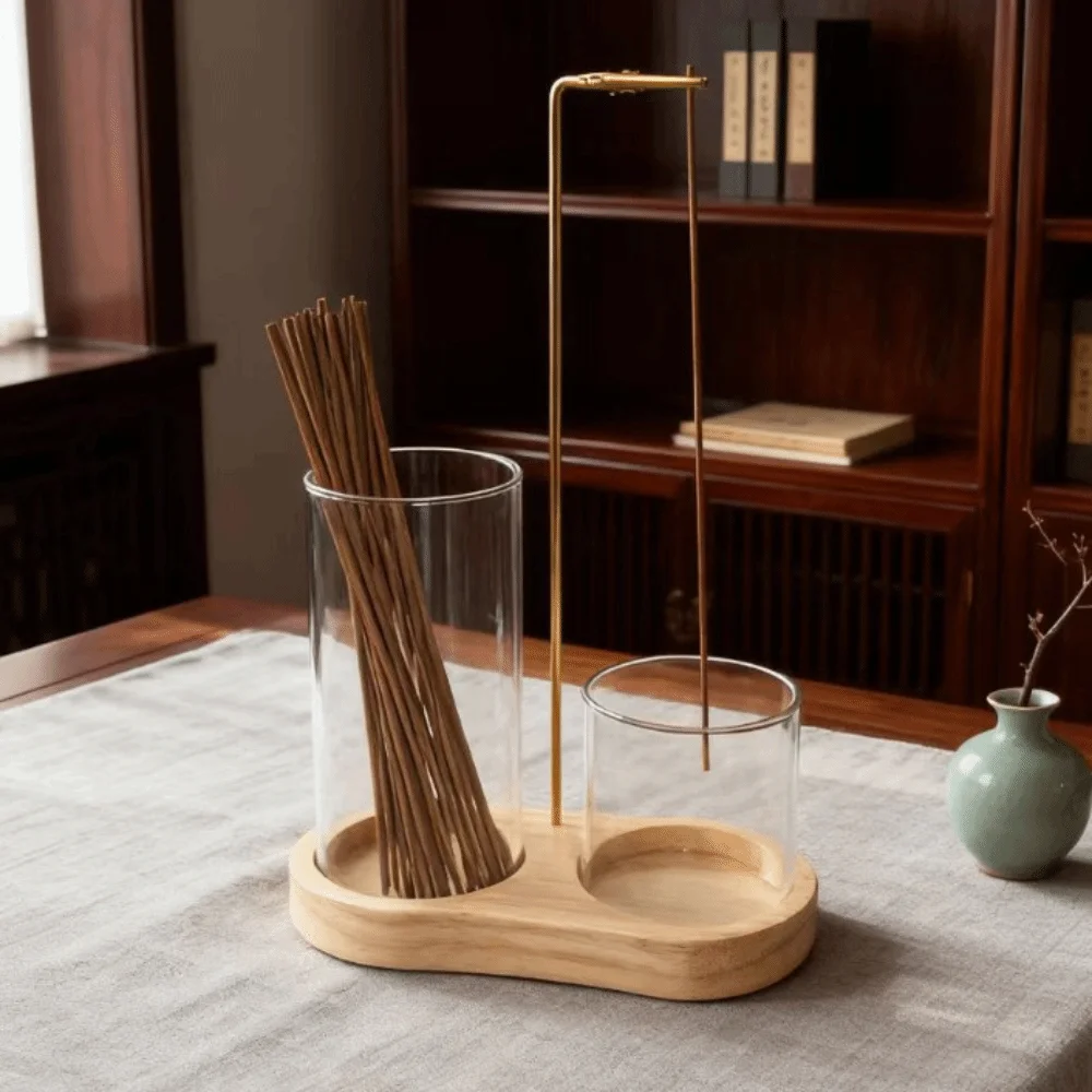 Minimalist Glass Incense Holder Zen Style Transparent Incense Burner Creative Wooden Base Anti-Ash Flying Incense Holder