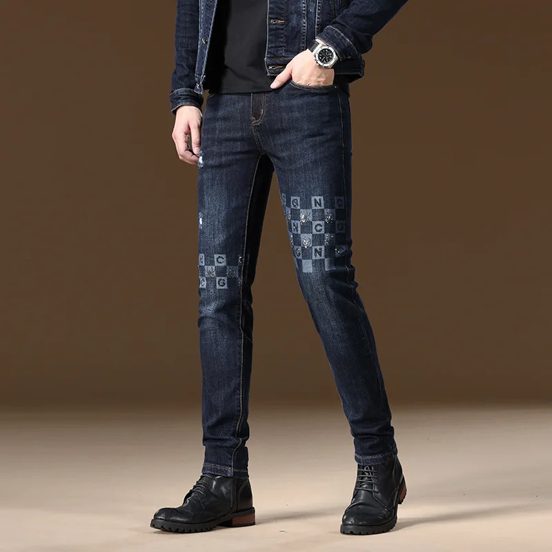 2024 New Autumn and Winter Light Luxury Jeans Men's High-End and Fashionable Printed Design Stretch Slim Denim Skinny Pants